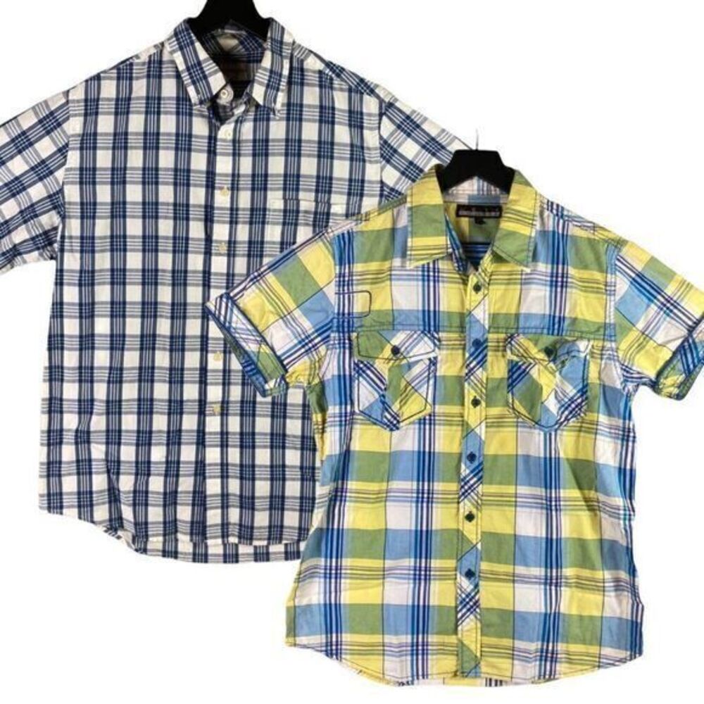 Plaid Shirts Mens Button Up‎ Short Sleeve Blue Yellow Size Large Collar Cotton